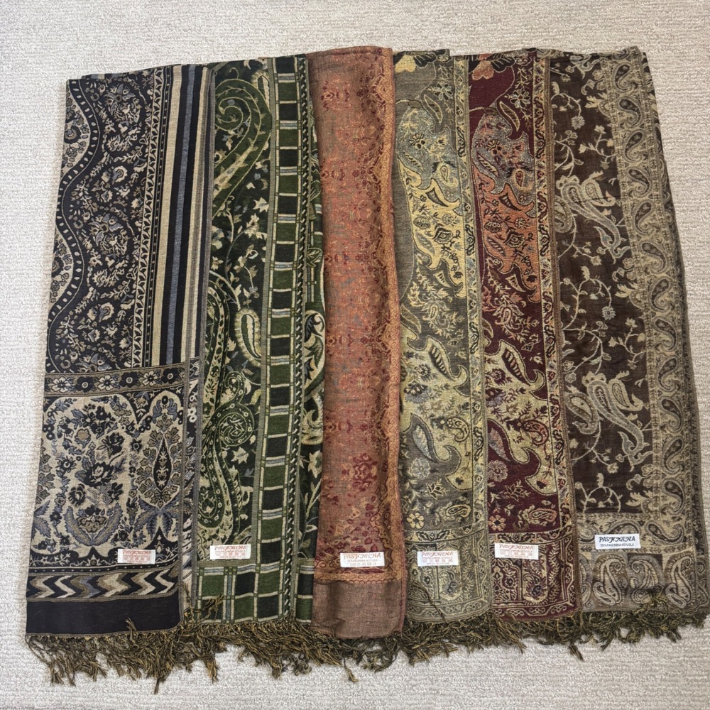 Lot of 6 Pashmina Silk Blend Paisley Floral Scarf Wrap Fringe Shawl Earth Tones